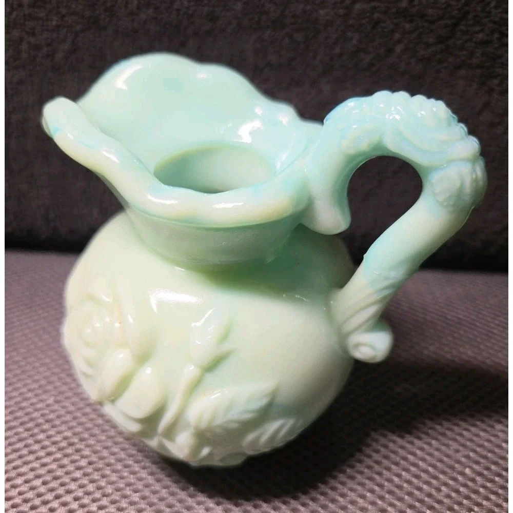 Vintage Avon Jadeite Green Swirl Milk Glass Rose Mini Bowl and Pitcher Set 1976